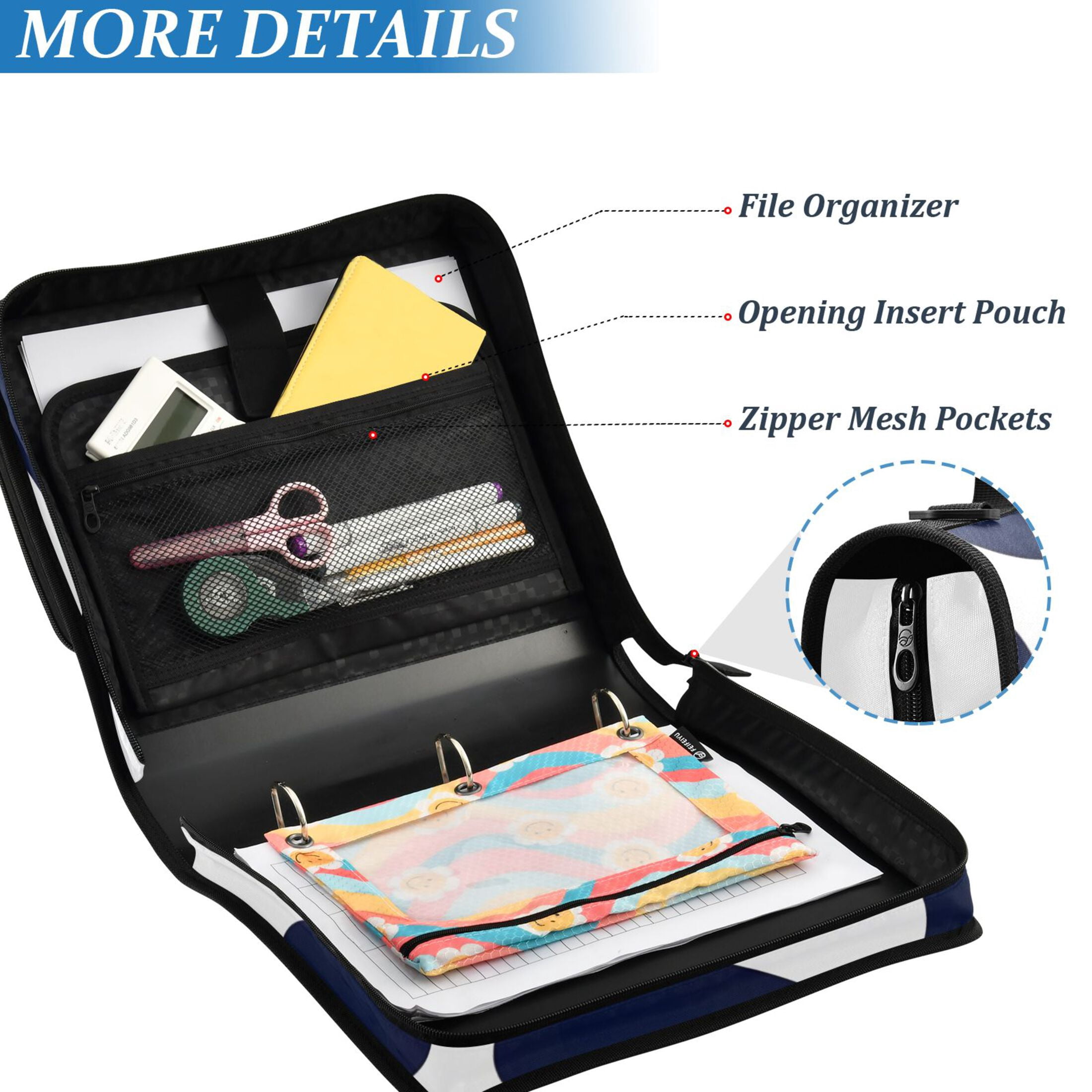 3 Ring Zipper Binder with Shoulder Strap Waterproof Trapper Keeper 2 Inch D-Ring 500 Sheets Capacity Dark Blue Spots