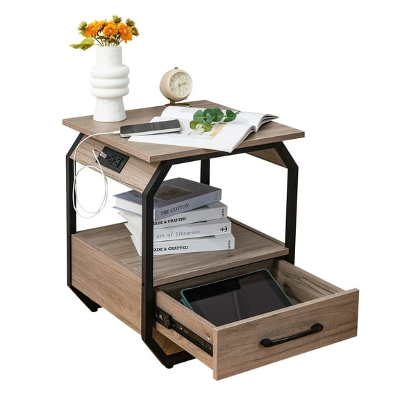 Nightstand with Charging Station,Bedside Table with Drawers,Modern End Side Table for Bedroom,USB Ports and Outlets
