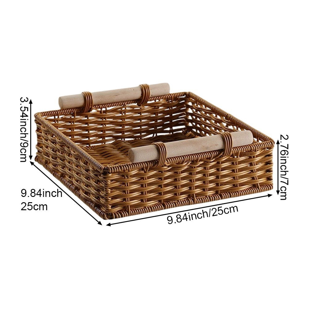 Hzzsbu Rattan Basket Handmade Woven Storage Baskets with Wooden Handle Rectangular Woven Baskets for Kitchen, Shelves