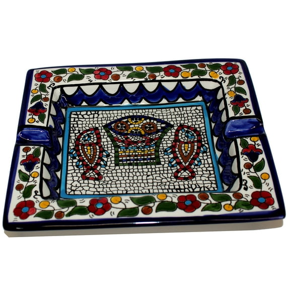 Holy Land Market Ceramic Ashtray with Fish and Loaves - Tabgha or Miracle of Multiplication (Fish and Bread) Design (18 x 16 cm OR 7 x 6.3 Inches) - Asfour Outlet Trademark