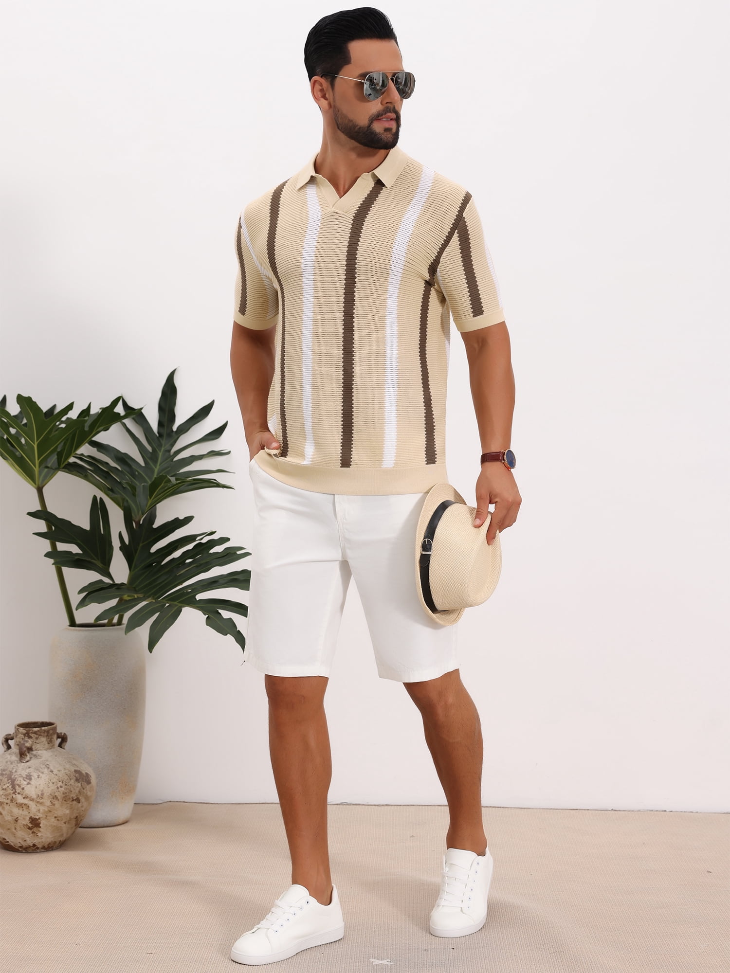 DARING DIVA Men's Hollow Knit Polo Shirt V Neck Short Sleeve Golf Polo Shirts 2XL Khaki