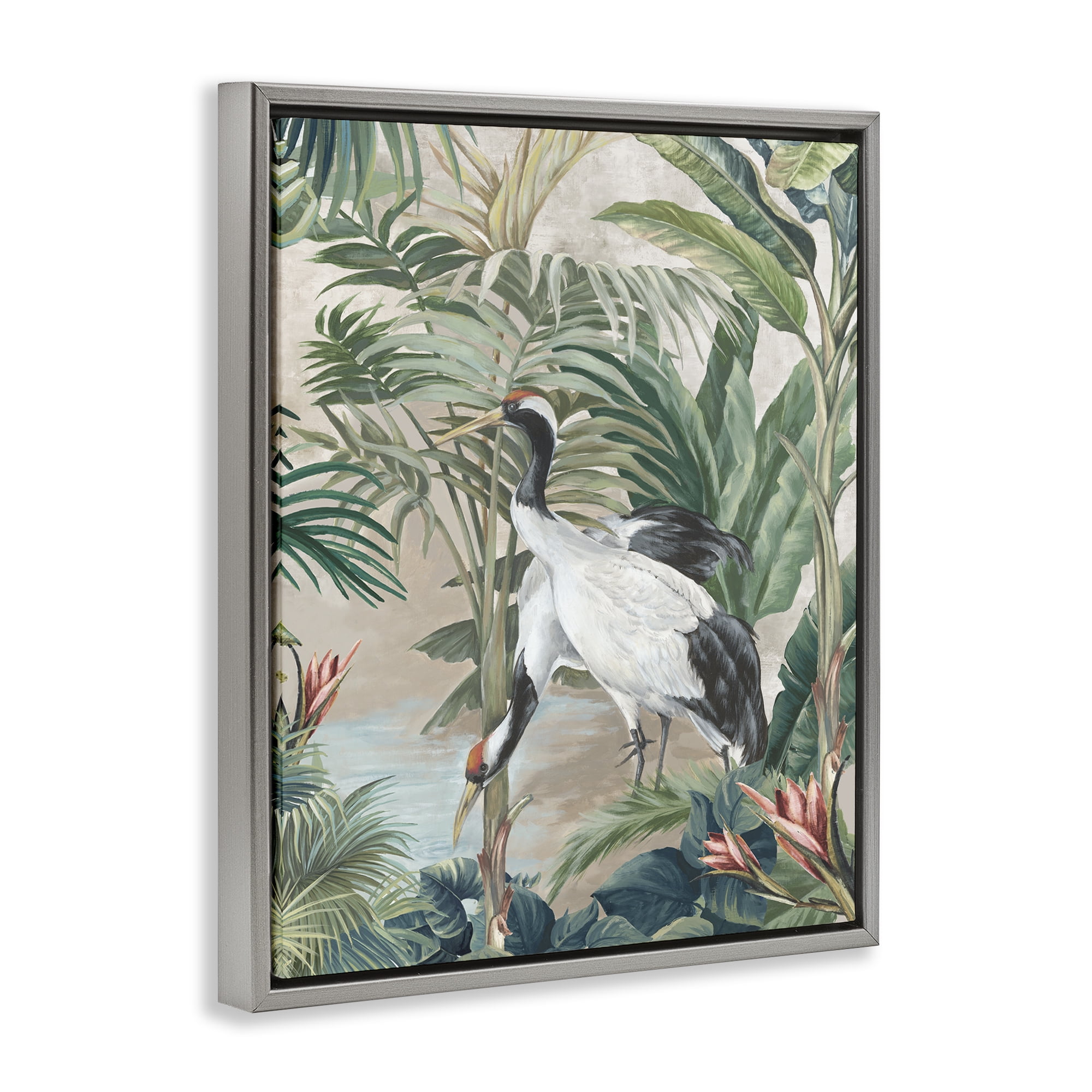 Stupell Industries Tropical Oasis Cranes Animals Painting Gray Floater Framed Canvas Art Print Wall Art, 25 x 31