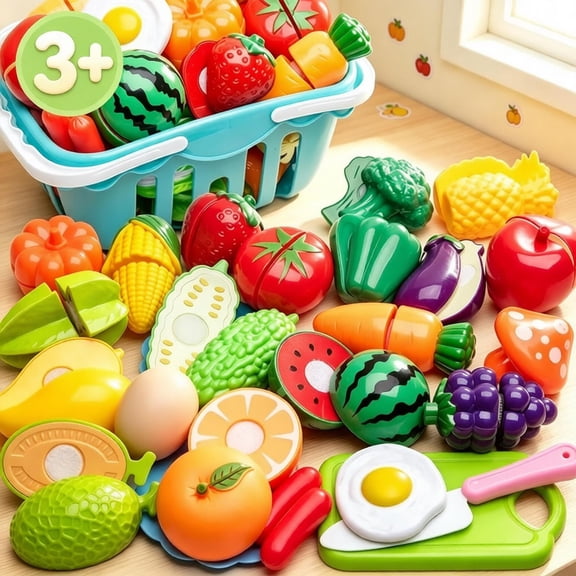 Kids Cutting Play Food Pretend Kitchen Toys Set, Toddler Cuttable Fruits Vegetables Toy, Educational Fine Motor Skills Toy, Birthday Gift for Toddler Boys Girls Ages 3 4 5 6 Years Old