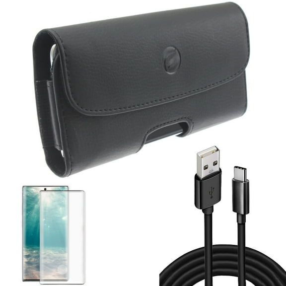 Case Belt Clip & Screen Protector & 10ft USB Cable for Samsung Galaxy Note 20 (6.7") - Combo with Leather Holster & Tempered Glass (Fingerprint Unlock) & Type-C Charger Cord