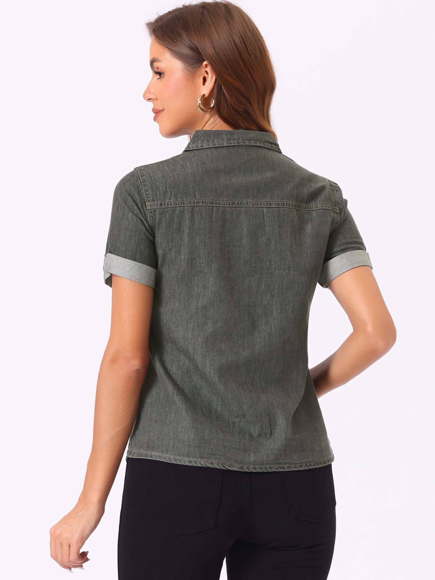 DARING DIVA Women's Denim Collared Short Sleeve Chest Pocket Button Up Shirt XL Gray