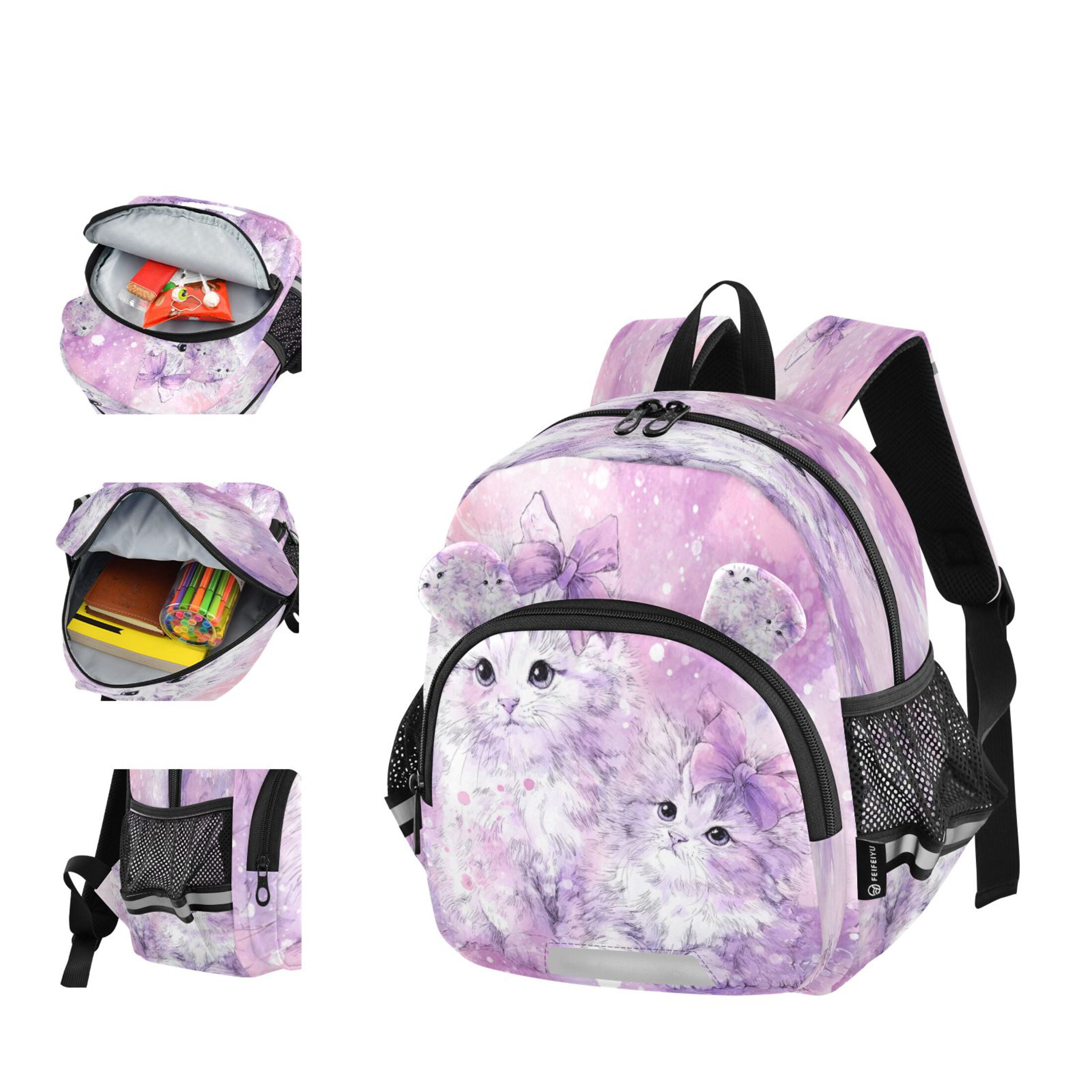 RMDQTR Adorable Ear-Print Backpack with Reflective Strip and Anti-Lost Leash Adjustable Shoulder Straps Mini Travel Backpack Adorable Long-haired Kittens with Bows