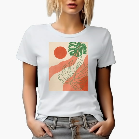 Aesthetic Minimalism Boho Sun & Tropical Leaves Art Merch Gift, White T-Shirt, Small