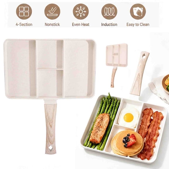 4 Section Divided Breakfast Pan, 10.6 Inch Omelette Pan Skillet with Compartments for Eggs Bacon Pancakes, Nonstick Frying Pan, Induction Compatible, Easy Clean Kitchen Cookware Set, White