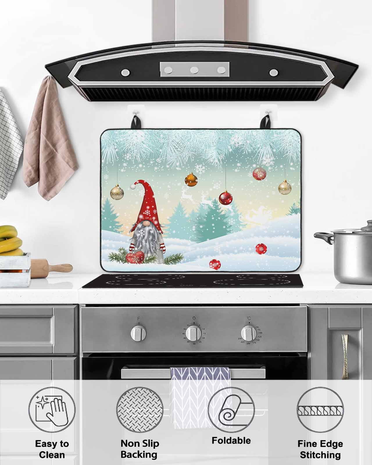Large Induction Cooktop Protector Mat Teal Christmas Stove Top Covers for Electric Stove, Xmas Gnomes Balls Snowflake Tree Decorative Stove Burner Cover Mats, Glass Top Stove Cover