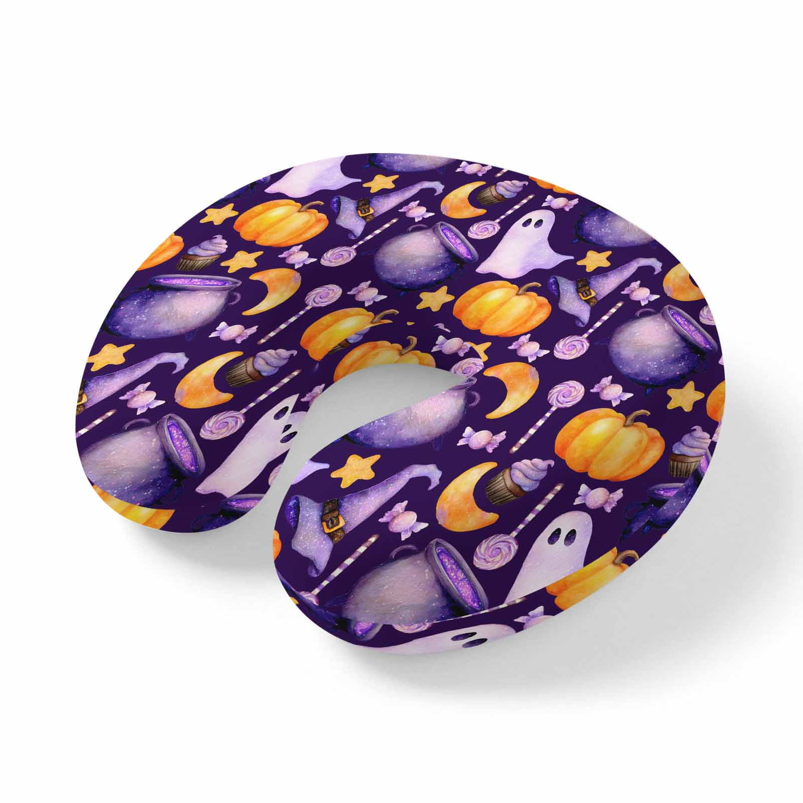 Neck Pillow for Travel Halloween Pumpkin Ghost Memory Foam U Shaped Pillows Portable Headrest Witch Hat Potion Purple Orange Neck Head Support Cushion for Home Office Car Airplane Sleeping