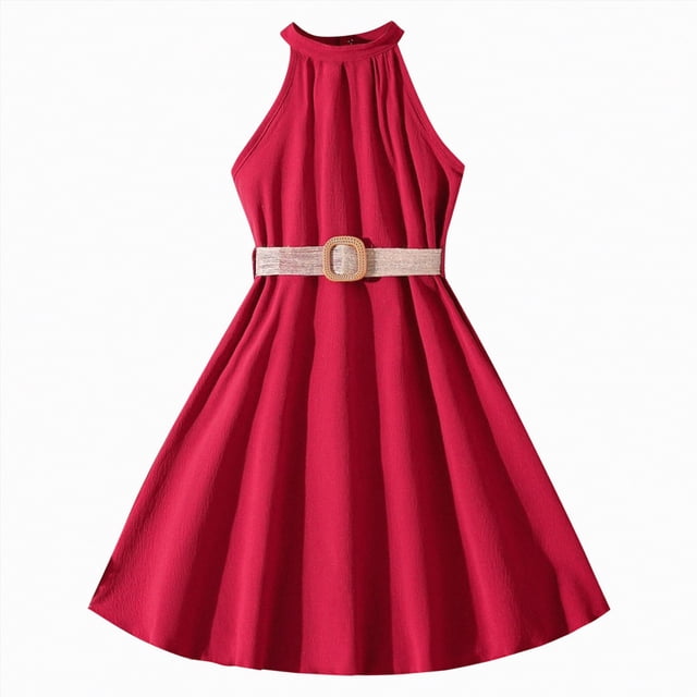 NIEWTR Robe Fille Sans Manches Évasée Enfants Tout-Petits Petite Grande Fille Vichy Décontractée Col Rond Robes(Rouge,8-9 Ans)