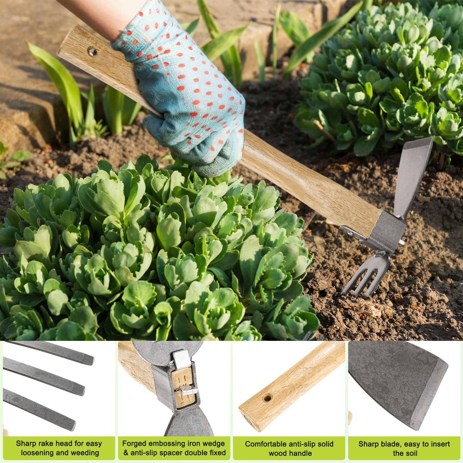 2 PCS Garden Hoe Tools, 15 Inches Stainless Steel Cultivator Hand Tiller and Hand Pick Axe with Solid Wood Handle, Pick Mattock Hoe for Digging/Weeding/Gardening/Planting