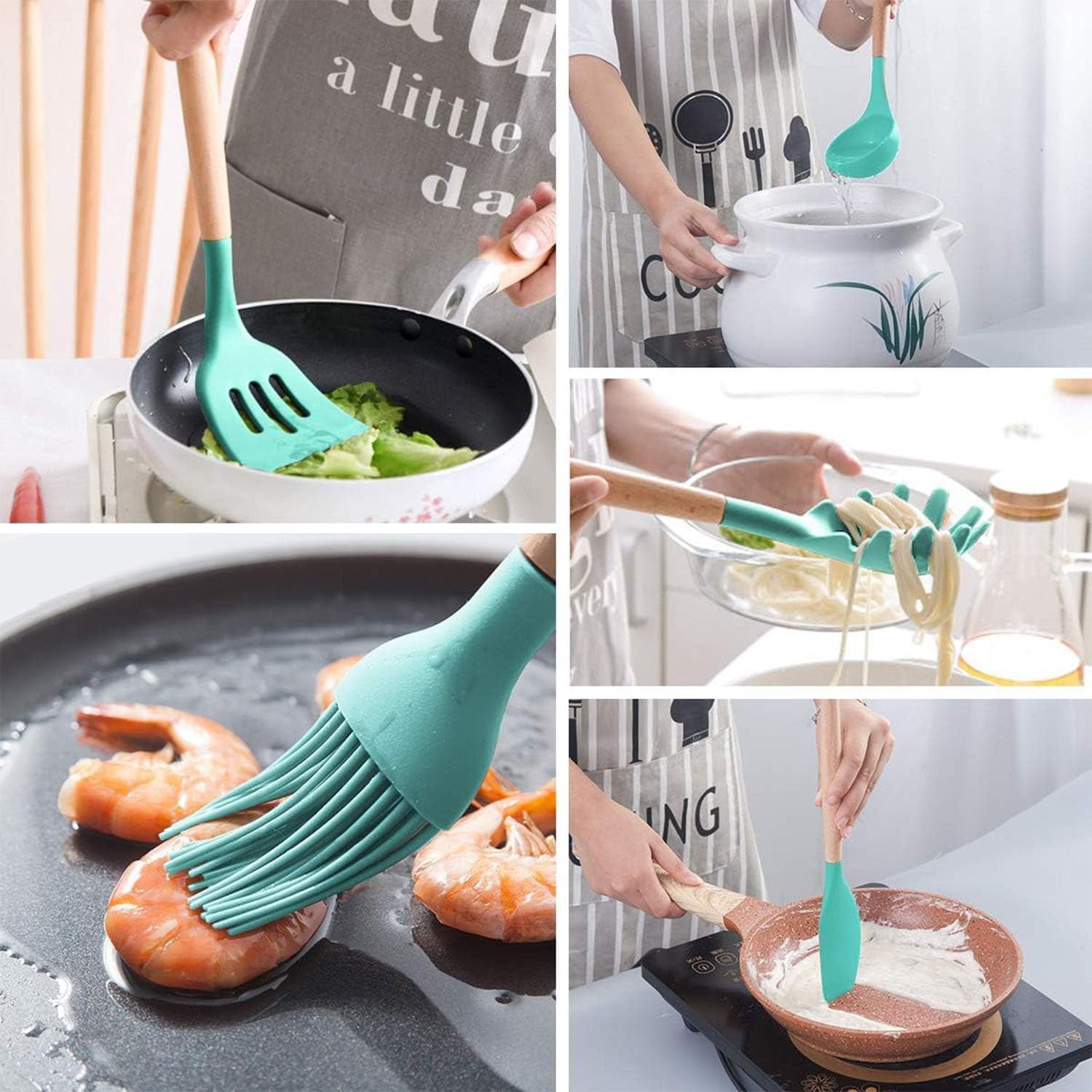 12-Piece Silicone Cooking Utensils Set with Wooden Handles, Heat Resistant Non-Stick Kitchen Gadgets (Green)