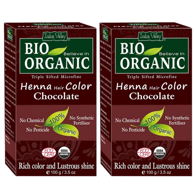 Indus Valley Bio Organic Natural Henna Color de cabello (chocolate 3.53 oz paquete de 2) | Color de cabello a base de hierbas, de canas y tinte para el cabello de larga duración | Vegano y libre d