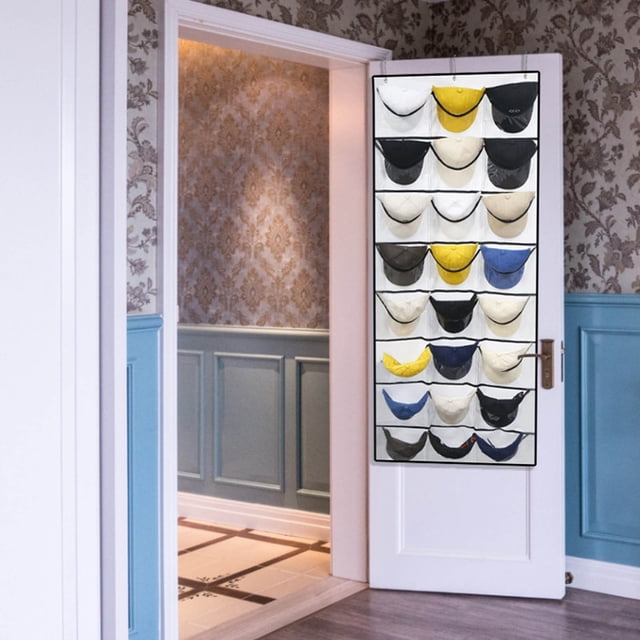 Aqestyerly 24 Pocket Hat Rack Baseball Cap Organizer for Wall Over the Door Closet with Clear Pockets & Hooks for Hats and Caps HWRETIE
