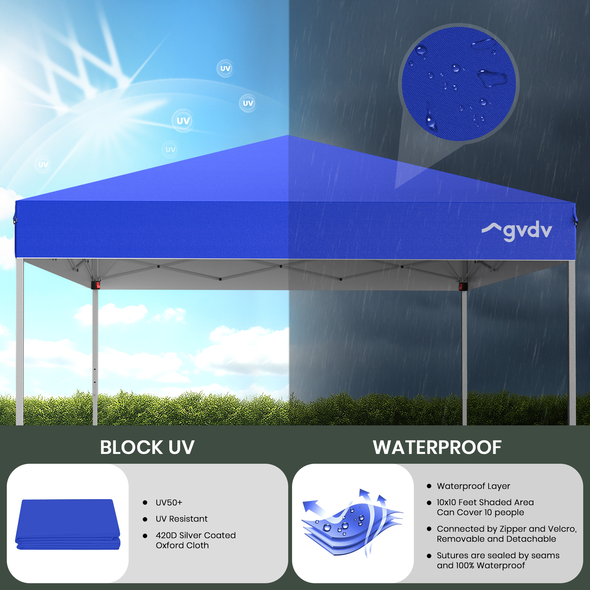 GVDV 10x10 Instant Pop-Up Canopy Tent, Blue photo 3