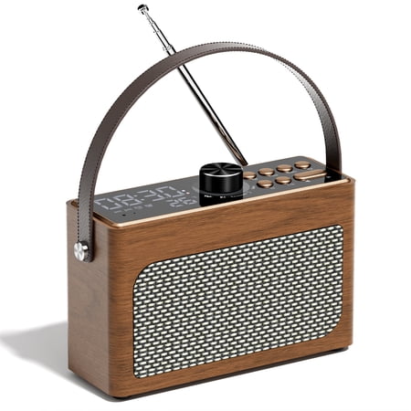 ANTBOOK Retro Portable Bluetooth Speaker with FM Radio & Alarm Clock, LED Display, Vintage Mini for Bedroom Wood