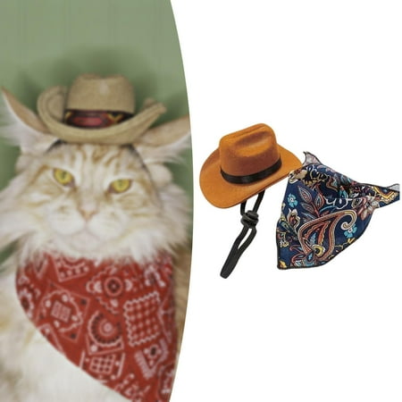EHJRE Pet Cowboy Costume Accessories Cosplay Cowboy Hat And Bandana Dog Cat Costume West Cowboy Accessories Halloween Funny for Cat M Navy Blue