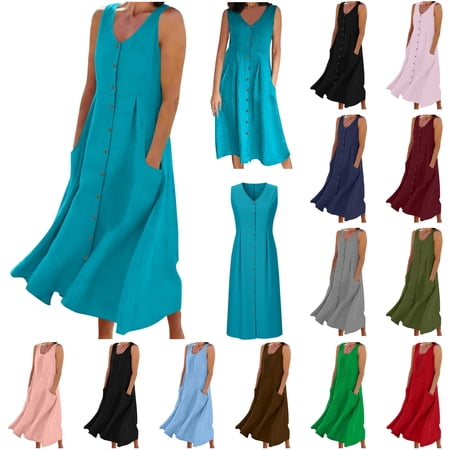 BiZtdJrK Pink Boho Tank Dress for Women Summer Sleeveless Linen Beach Dress Solid Crewneck Pleated Casual Sundresses with Pockets XL