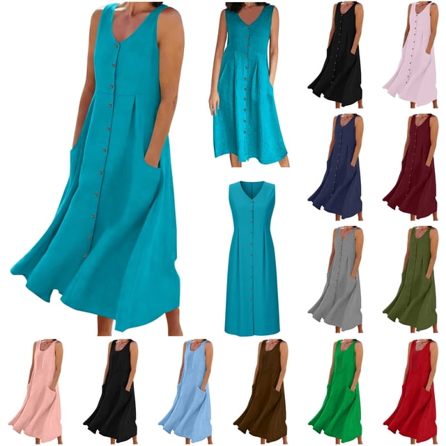 BiZtdJrK Robe Débardeur Bohème pour Femmes Été Sans Manches en Lin Robe de Plage Unie Col Ras du Cou Plissée Décontractée Robes d'Été avec Poches, Rouge, P
