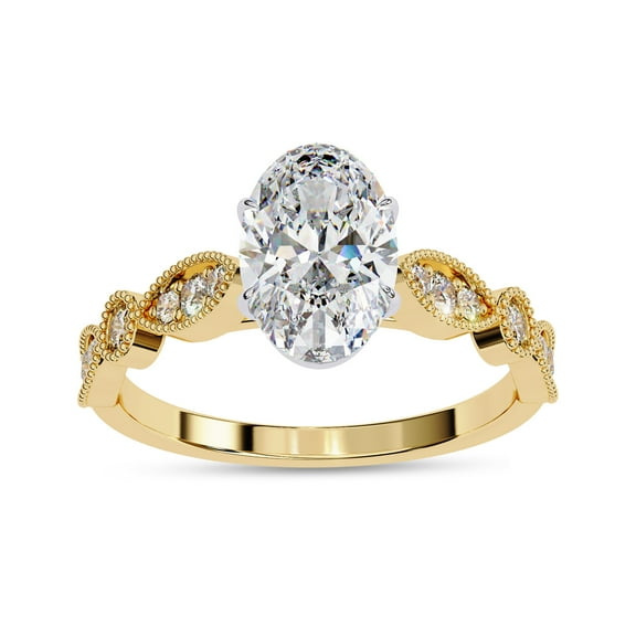 Solitaire Engagement Ring for Women Center 9x6mm Oval and Round Cut Lab Created Moissanite Beaded Promise Rings In 14K Solid Yellow Gold Jewelry Gift for Her, Size 10