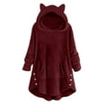 thumbnail image 2 of Somuwie Women's Solid Color Cat Ear Plush Button Long Sleeve Hooded Jacket, 2 of 6