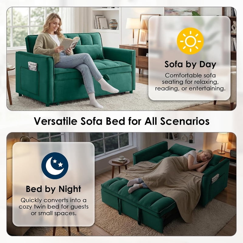3 in 1 Convertible Sleeper Sofa Bed, 55" Modern Loveseat Pull Out Couch with Adjustable Reclining Backrest & Side Pockets, Velvet Loveseat for Living Room