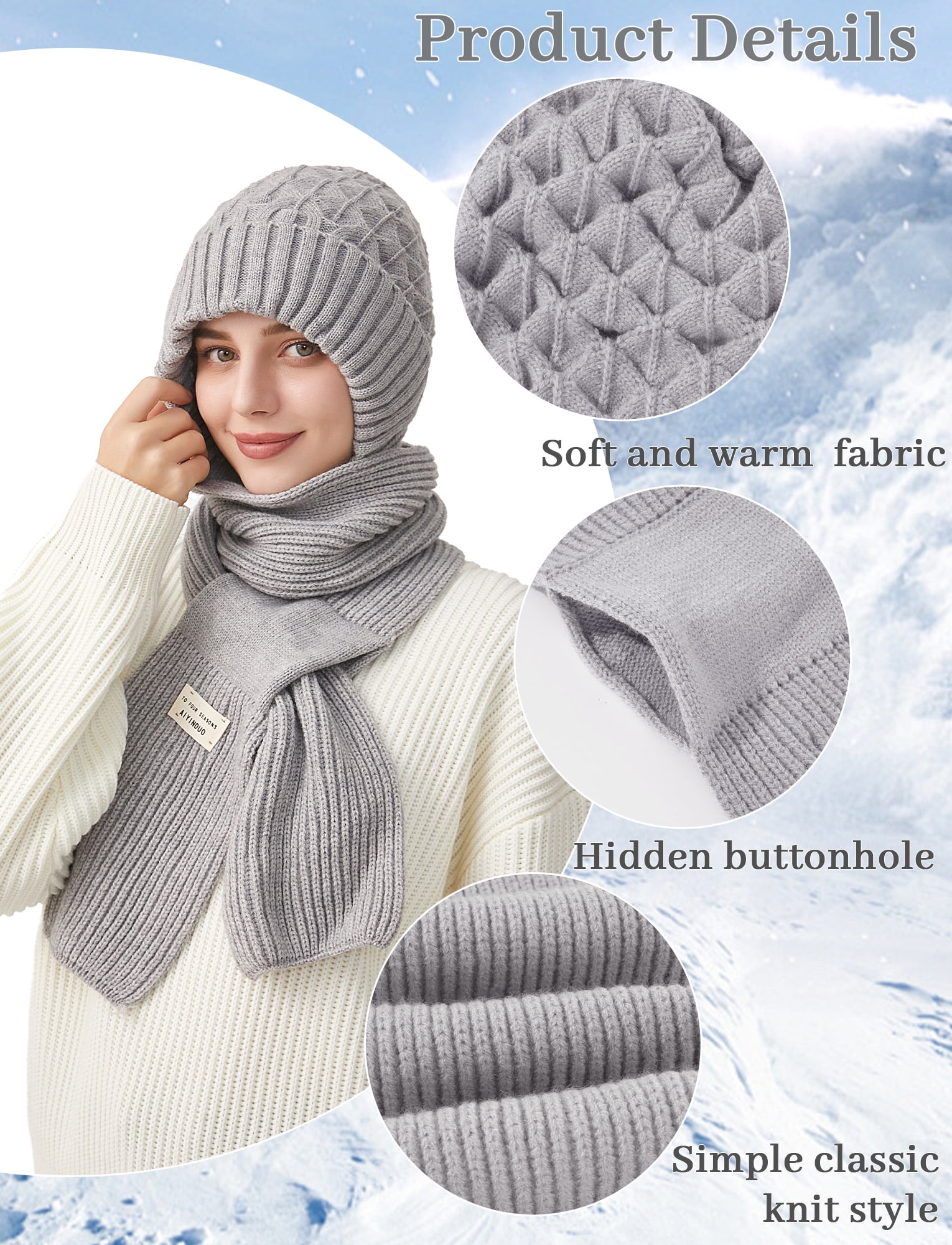 FEOYA Integrated Ear Protection Windproof Cap Scarf Women Fleece Balaclava One-Piece Hat Hood Scarf Beanie Warm Knitted Ski Scarf Hat Gray