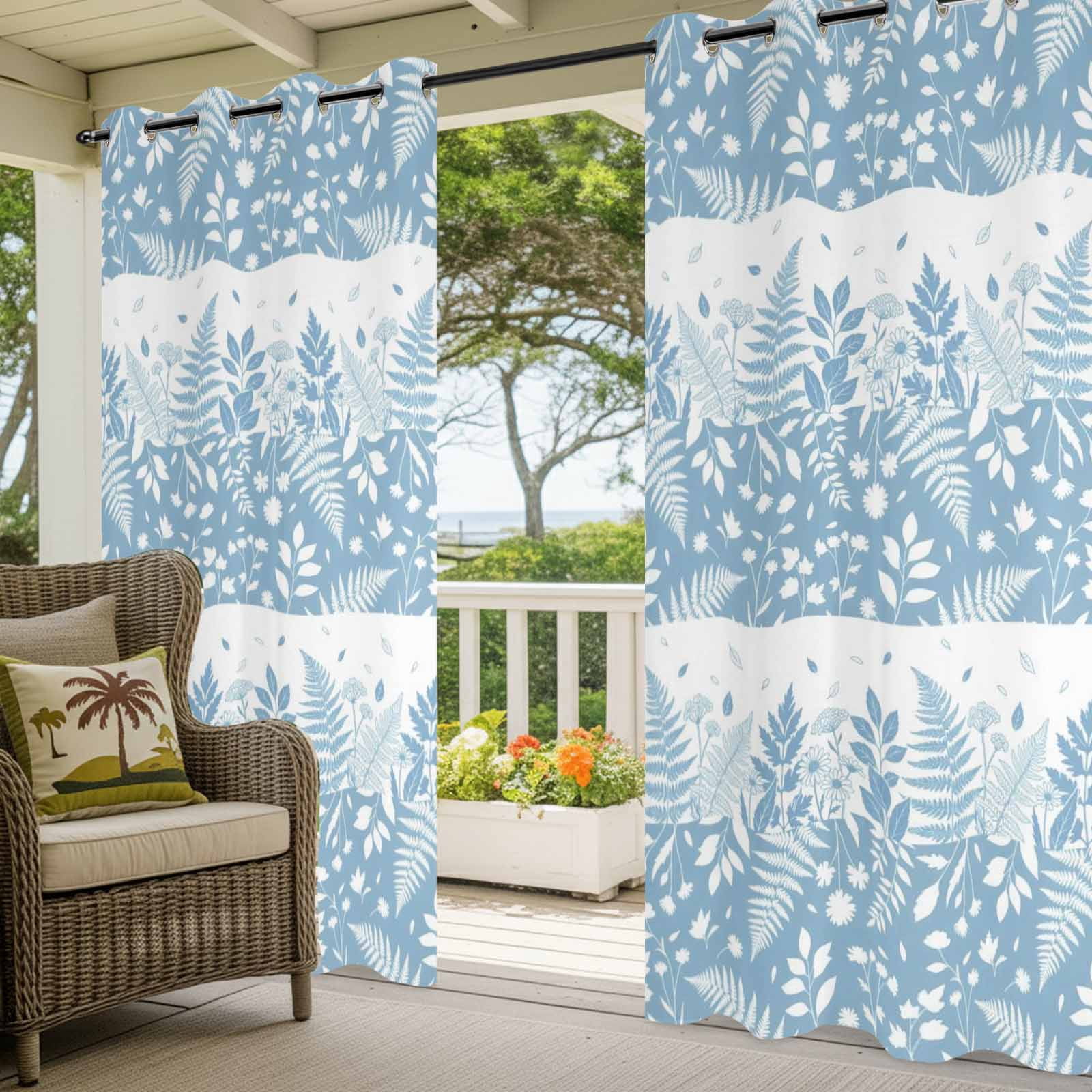 Spring Ferns Outdoor Curtains for Patio, Country Blue Floral Leaf Fern Sunshade Privacy Drapes Grommet Waterproof Outside Curtains for Porch/Cabana/Balcony 54"x 108", 1 Panel