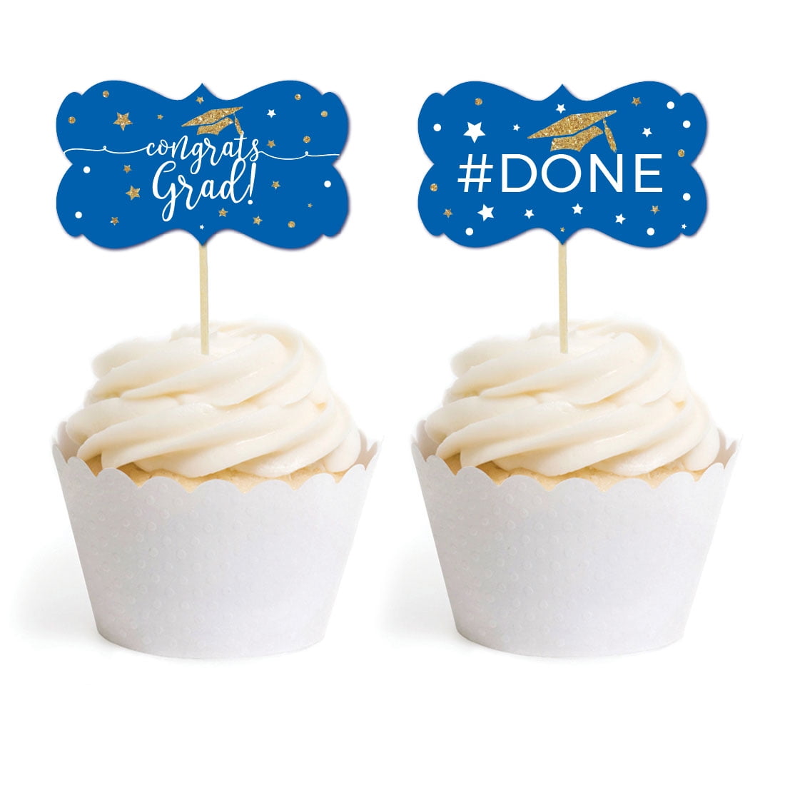 Royal Blue and Gold Glittering Graduation, Cupcake Topper DIY Party