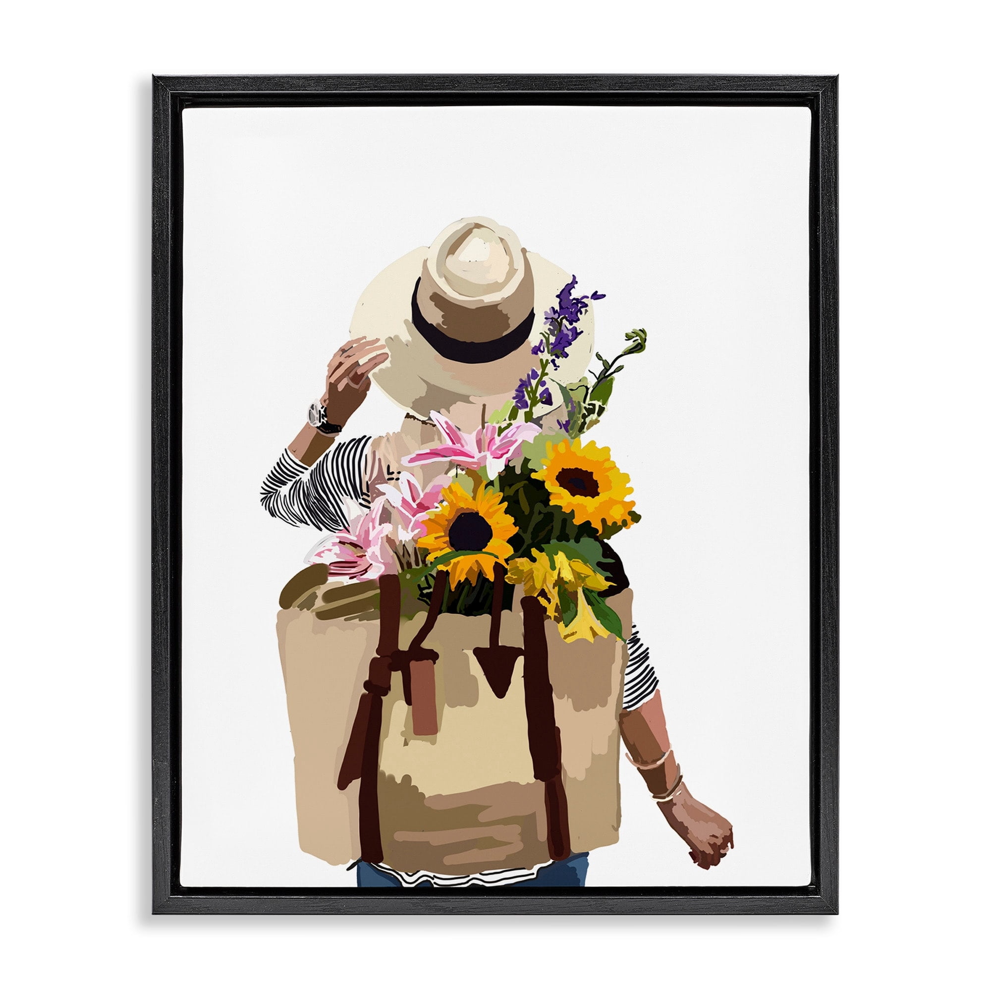 Stupell Industries Woman Carrying Floral Backpack Varied Sunflower Blossoms Graphic Art Jet Black Floating Framed Canvas Print Wall Art, Design by Amelia Noyes