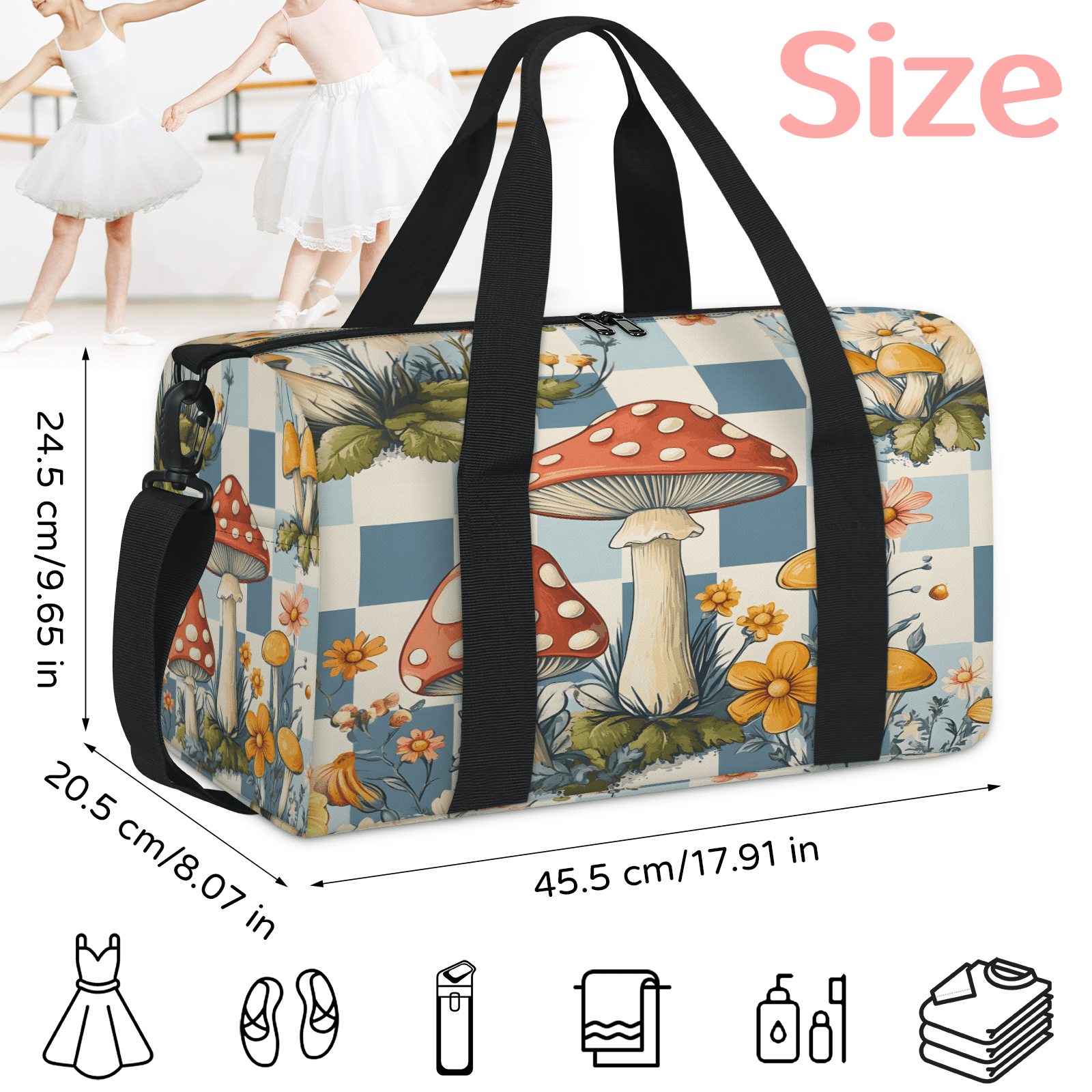 Herdesigns Mushroom Travel Duffle Bag Sports Yoga Weekender Overnight Carry on Workout Bags Lightweight Waterproof Gym Tote Bag for Women Boho