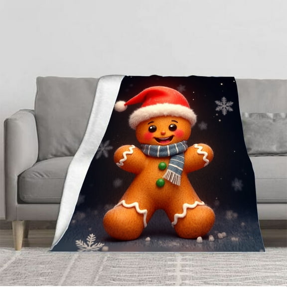 Cozy Flannel Blanket - Soft & Warm Perfect for Sofa Travel & Bed - Festive Gingerbread Man Design with Snowflakes