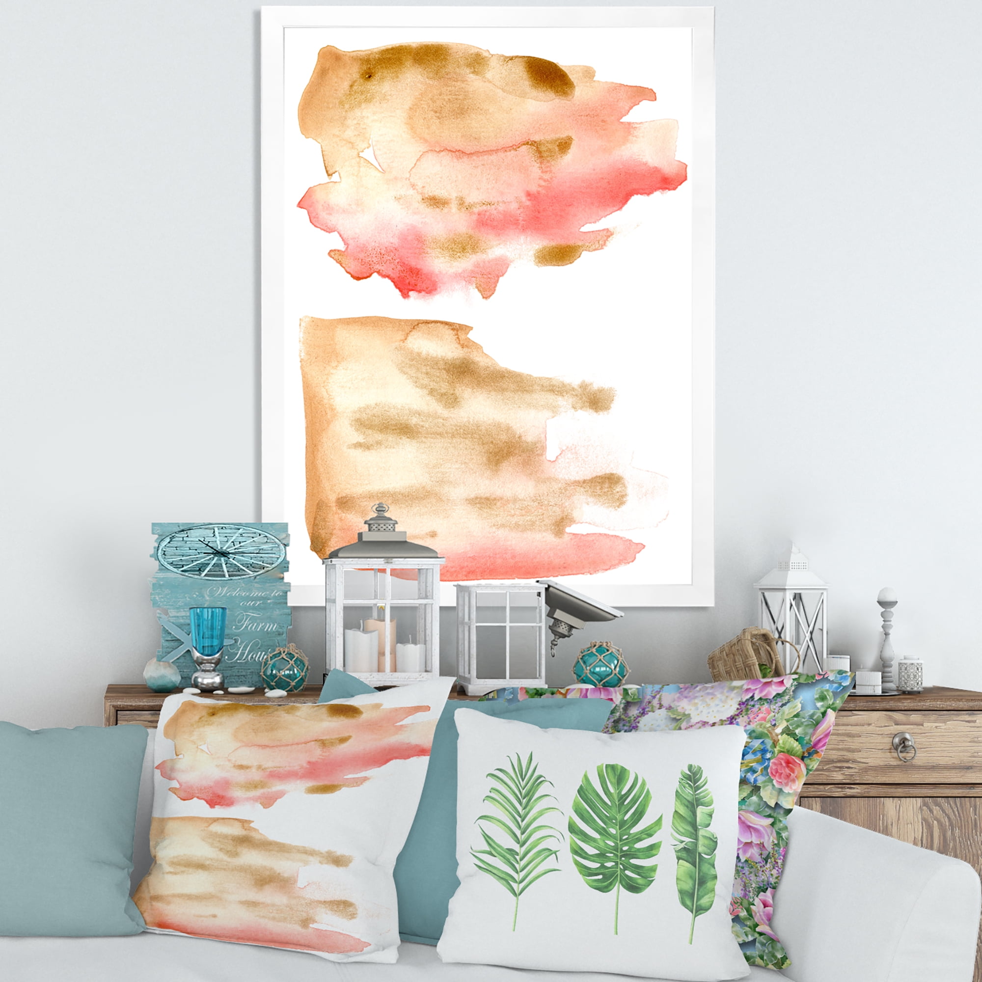 Designart 'Red Pink Gold and Beige Abstract Clouds' Modern Framed Art Print