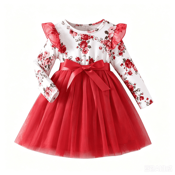 Lanbubble Girls Floral Tutu Dress Long Sleeve Tulle Princess Party Dress 3-4 Years