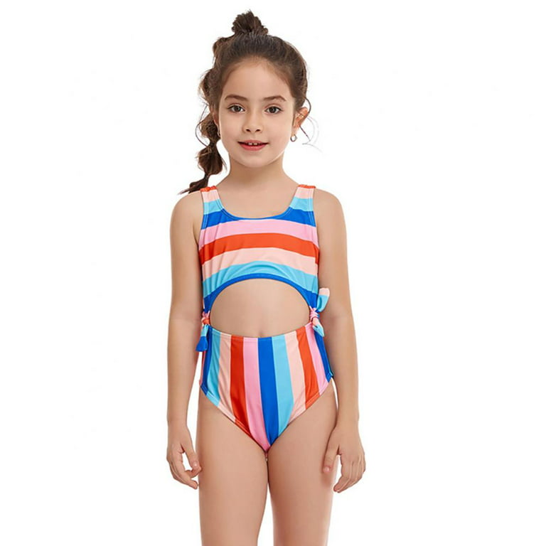 Girl's Rainbow Striped One Piece Swimsuits Beach Swimwear 6-14t