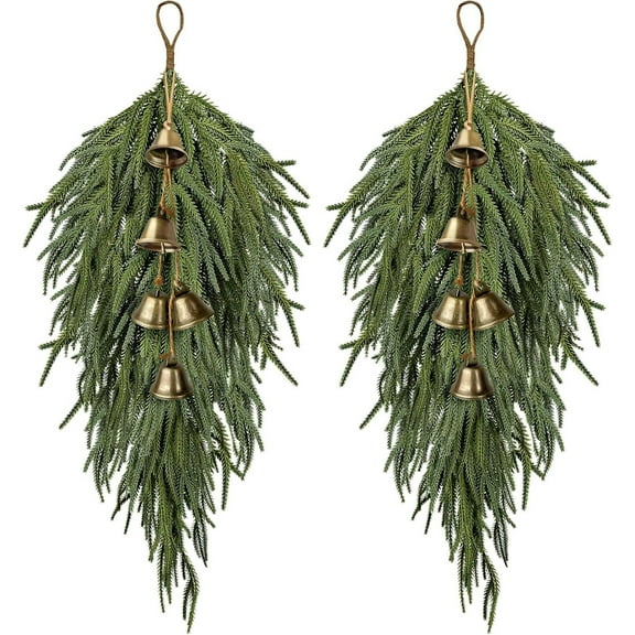 Bfantian 2 Pcs Christmas Swag with Bell,24inch Norfolk Pine Teardrop Swag,Christmas Teardrop Wreath for Door Window Mantle Fireplace Wall Indoor Outdoor Home Decor