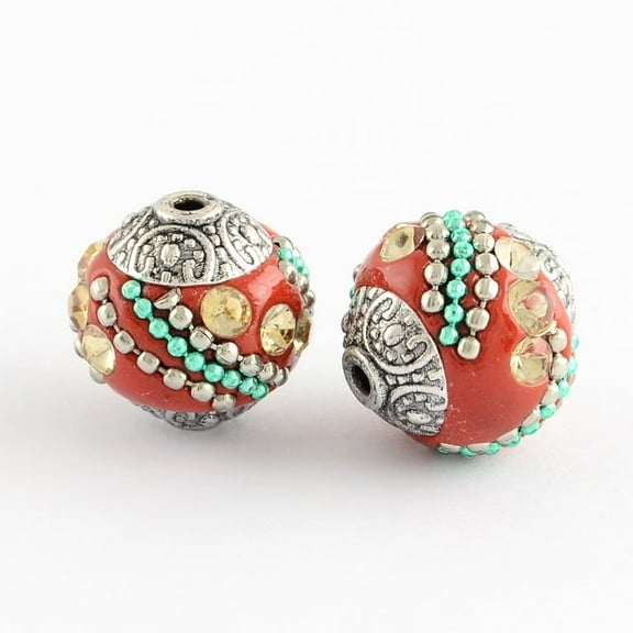 Handmade Indonesia Beads with Jonquil Rhinestones and Alloy Cores Round Silver Red 14~16x14~16mm Hole: 1.5mm