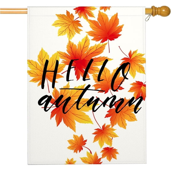 Moderong Fall Maple Leaf House Flag 28x40 Inch Double Sided Burlap, Hello Autumn Large Flag for Outdoor Farmhouse Seasonal Decoration
