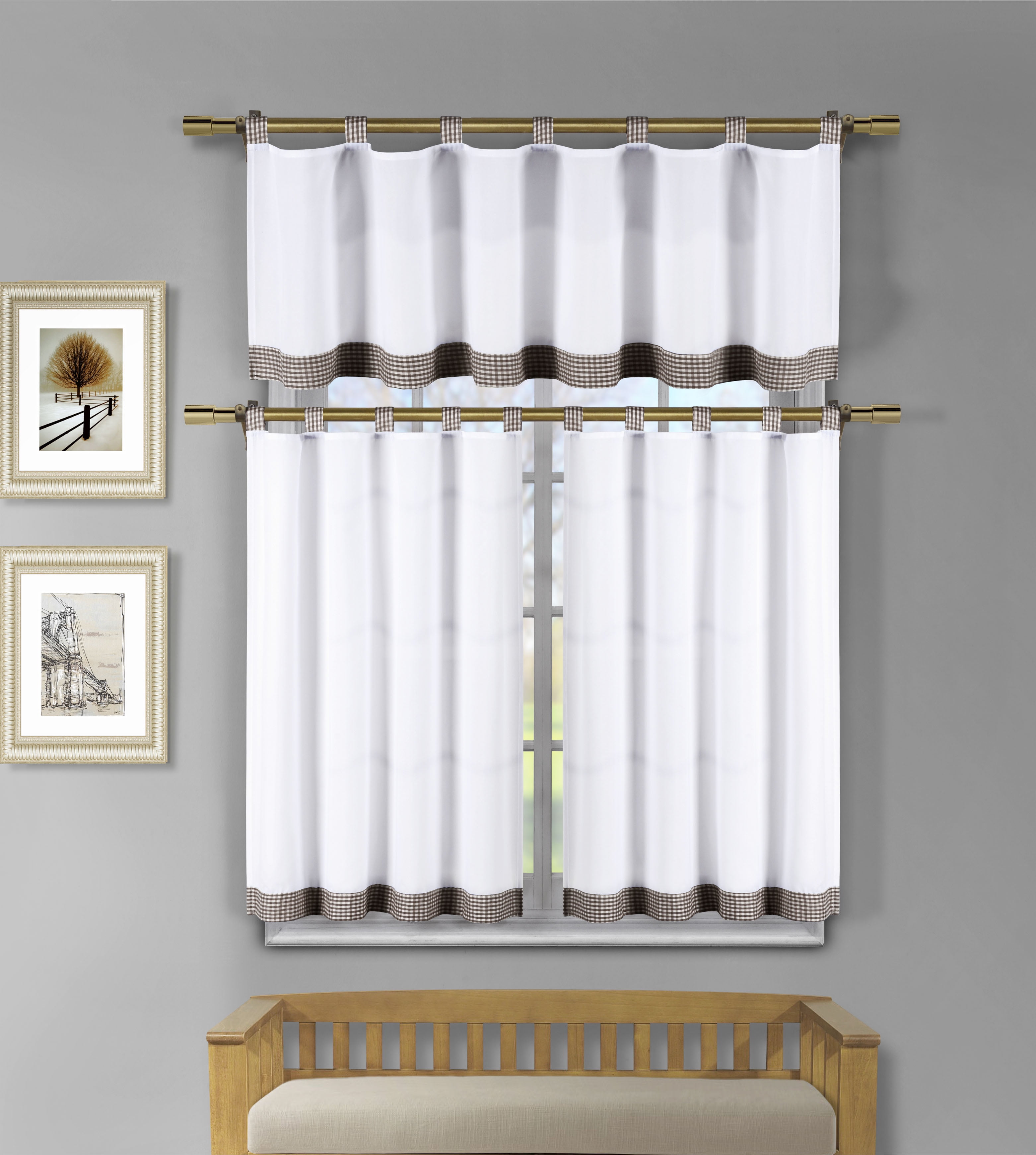 Camden Macrame Trimmed Kitchen Window Curtain 24" Tiers & Valance Set 