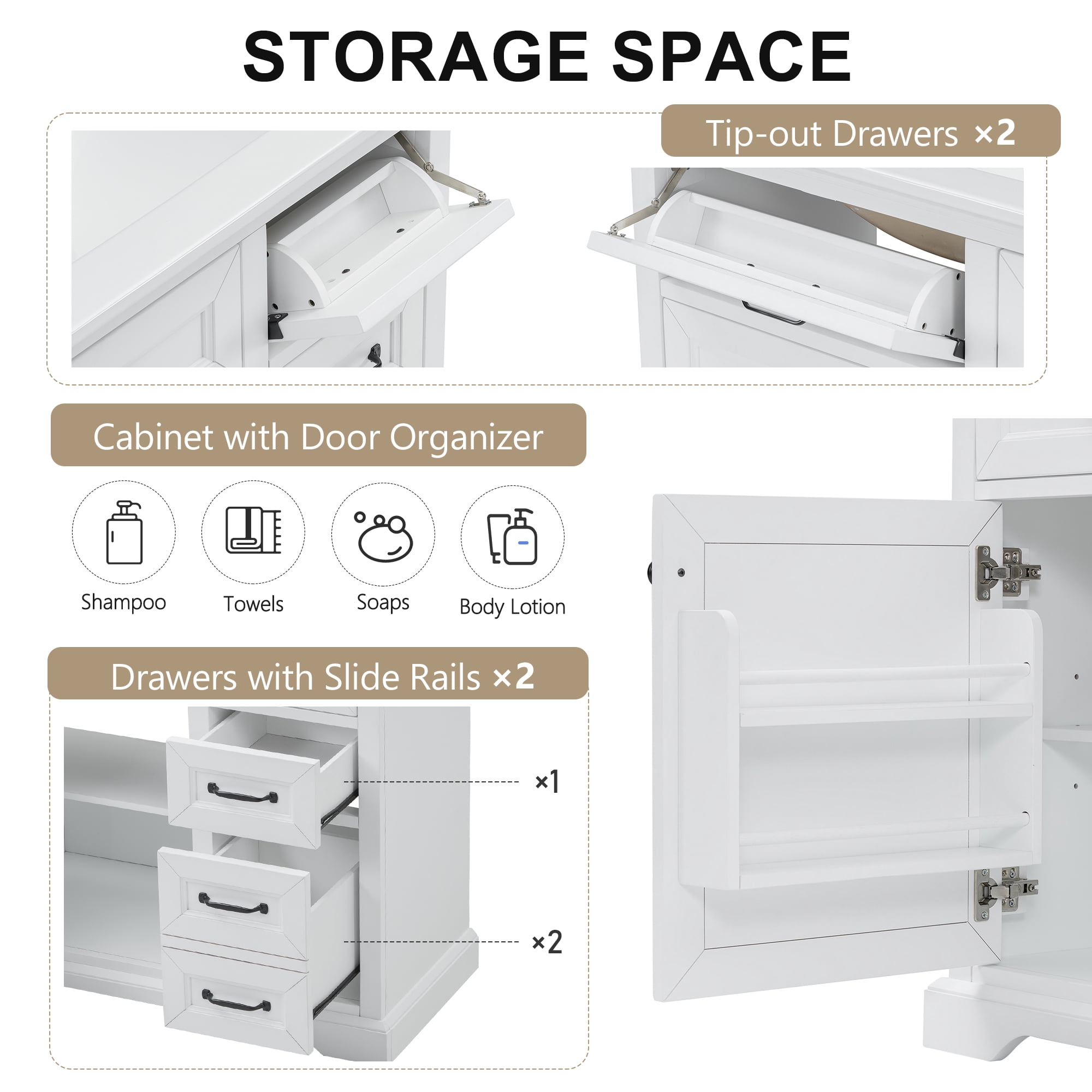 Euroco 36" Bathroom Vanity with Sink, Ceramic Sink, 2 Tip-out Drawers, Soft Close Door Hinges