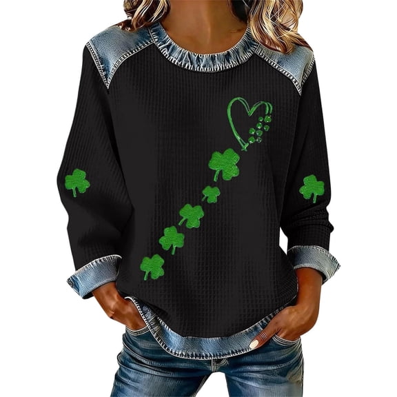 St Patrick's Day Sweatshirt for Women, Irish Shamrock Print Funny Graphic Pullover, Long Sleeve Crewneck Patchwork Casual Top, St Patty's Gift(Black,L)
