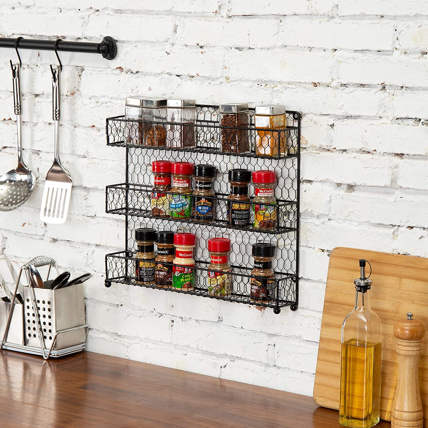 12-inch Black Chicken Wire Wall Mounted Spice Rack, Kitchen Storage Sh –  MyGift