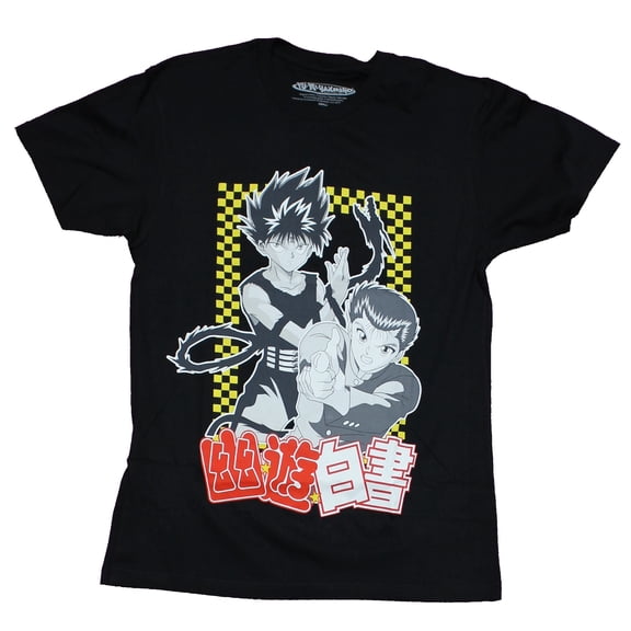 Yu Yu Hakusho Mens T-Shirt - Attacking Group Over Checkerboard Design