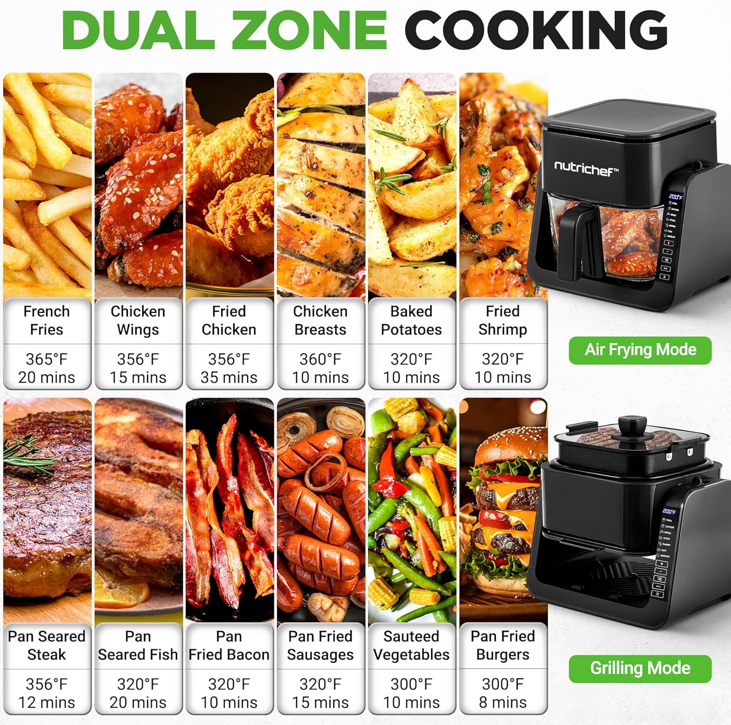 NutriChef 4QT Air Fryer & Grill Combo, 7 Preset Cook Modes, Transparent Glass Fry Bowl, 1.2QT Grill, Black