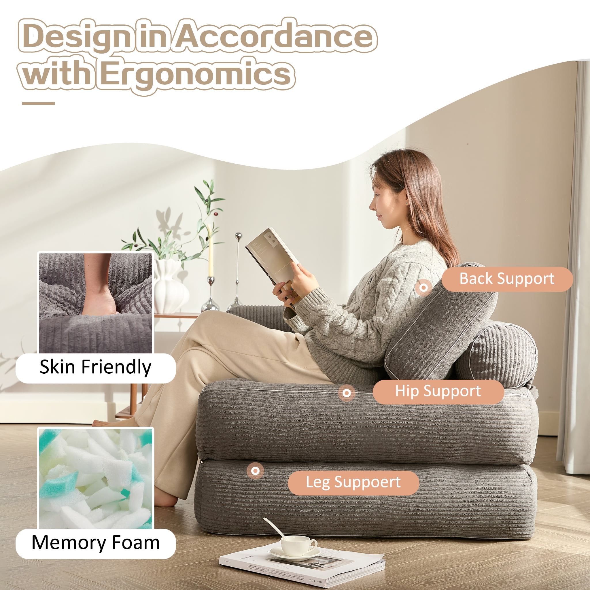 LAKPS Convertible Floor Sofa Bed Plus, Corduroy Modular Lounge Chair with Backrest & Pillow, Folding Tatami Sofa Sleeper for Living Room, Bedroom, Dorm, Gray