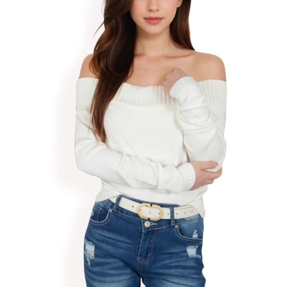 Women's Ribbed Off-the-Shoulder Long Sleeve Slim Fit Top in Soft Stretchy Midweight Fabric for a Chic Cropped Style - Large, White