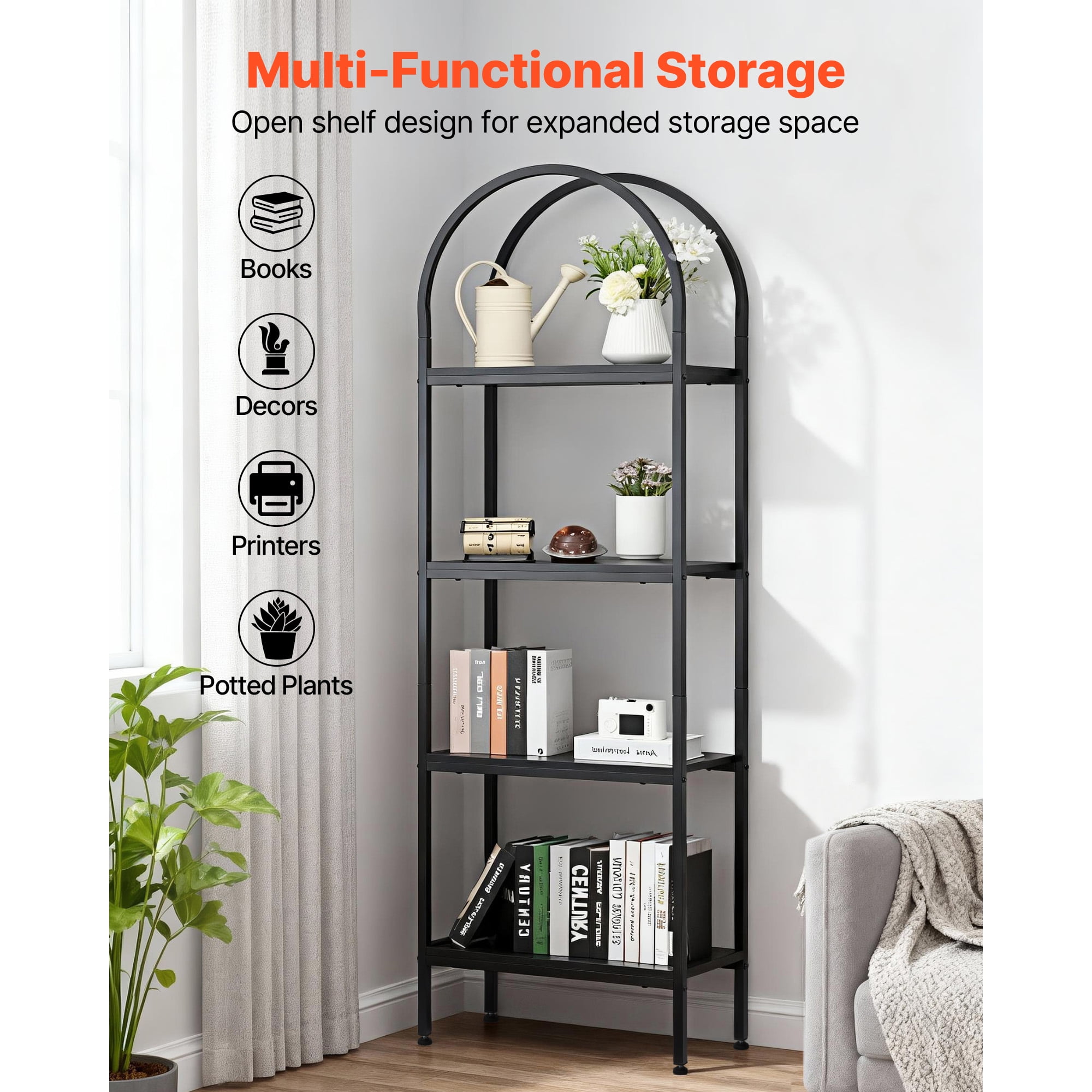 KFFKFF 4-Tier Open Bookshelf with Arched Design, Metal Frame Storage Shelves, Freestanding Industrial Display Rack for Office, Bedroom, or Living Room, Black