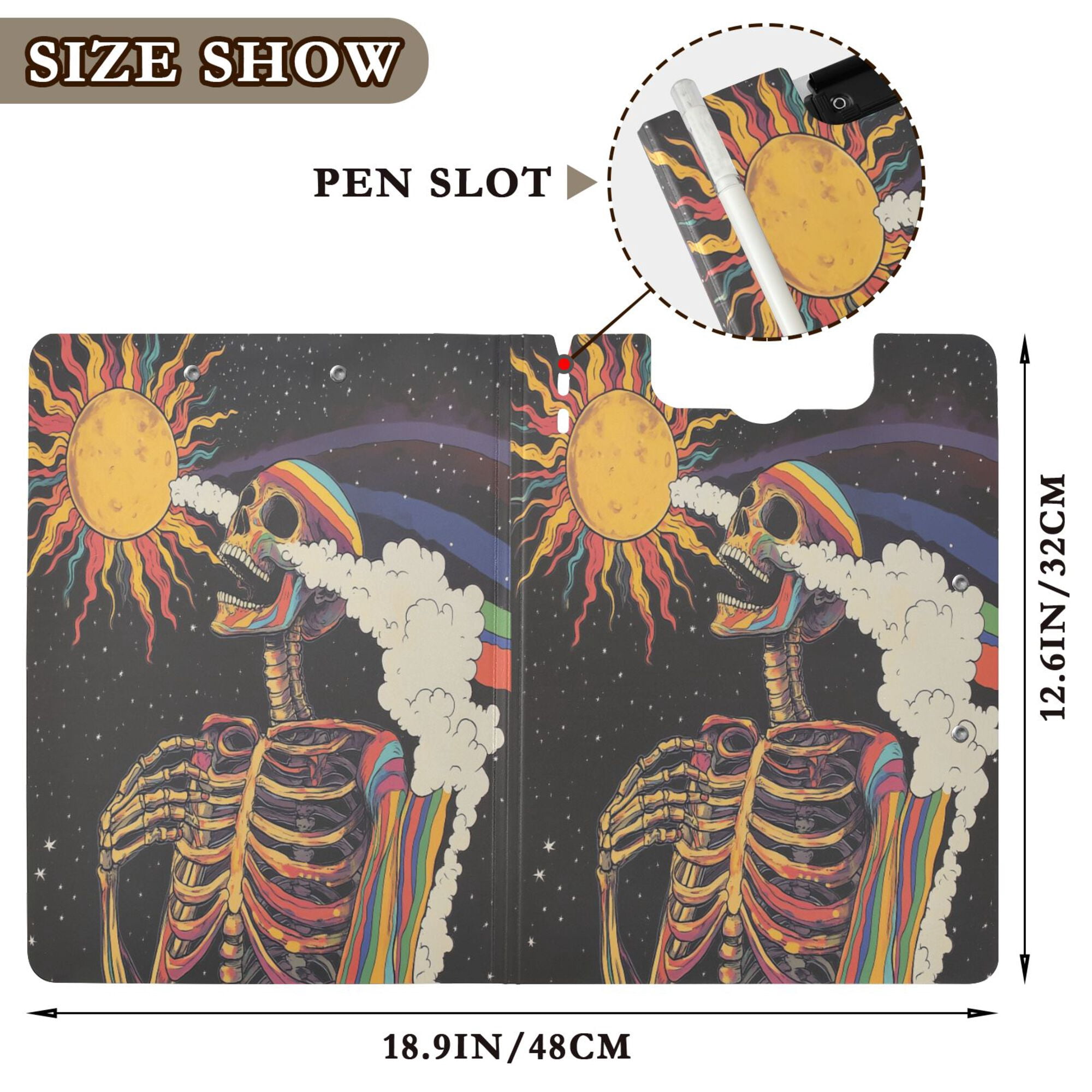 FORMRS A4 Clipboard Folder with Pen Holder Horizontal Foldable School Office Binder, Colorful Skeleton with Cloud