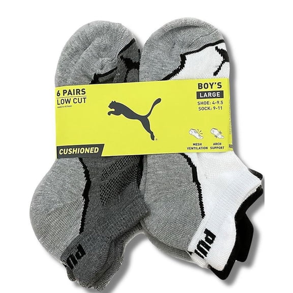 PUMA SOCKS BOYS X6 - LOW CUT 223 - WAVE GREY WHITE - LARGE SHOE 4-9.5 - 6 PACK